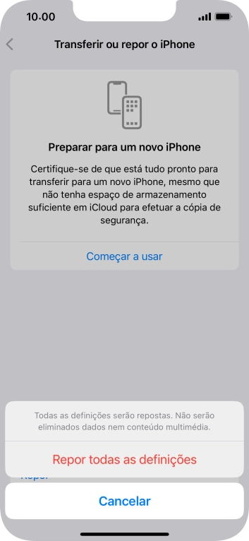 Prima Repor todas as definições.