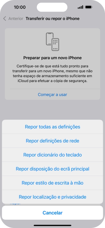 Prima Repor todas as definições.