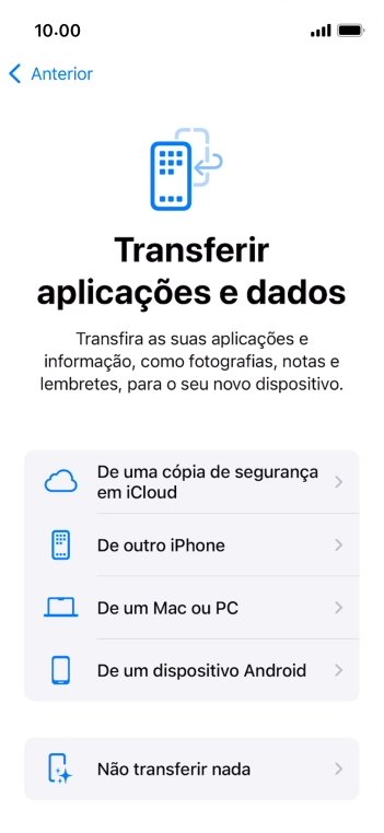 É possível transferir conteúdo de um telefone Android quando o telefone for ativado antes da primeira utilização e quando o telefone tiver sido reiniciado. Quando esta imagem for mostrada no ecrã, o telefone está pronto para transferir conteúdo de um telefone Android.