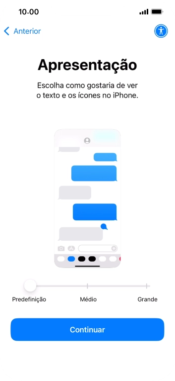 Escolha o tamanho pretendido para o texto e ícones no telefone e prima Continuar.
