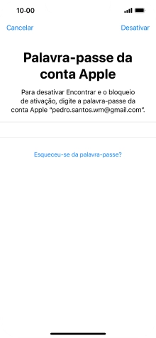Introduza a password do ID Apple e prima Desactivar. Aguarde um momento enquanto o telefone restabelece as definições originais. Siga as indicações no ecrã para configurar o telefone de modo que este fique pronto a ser utilizado.