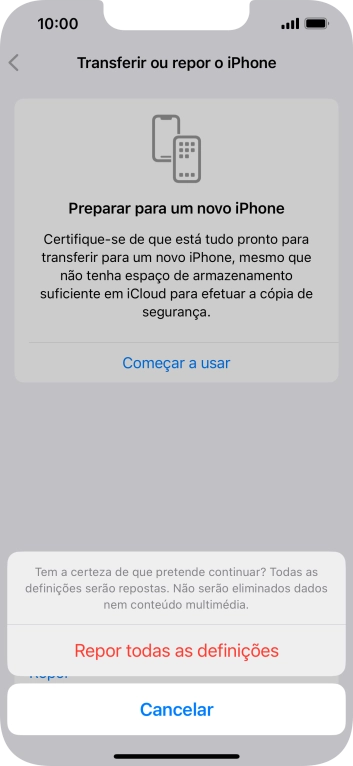 Prima Repor todas as definições. Aguarde um momento enquanto o telefone restabelece as definições originais. Siga as indicações no ecrã para configurar o telefone de modo que este fique pronto a ser utilizado.