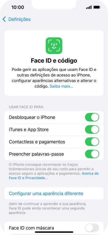 Prima os indicadores junto às definições pretendidas para as ativar ou desativar.