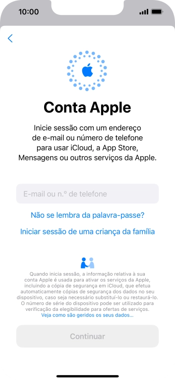 Prima E-mail ou n.º de telefone e introduza o nome de utilizador do seu ID Apple.