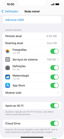 O consumo total de dados é mostrado junto a Período atual.