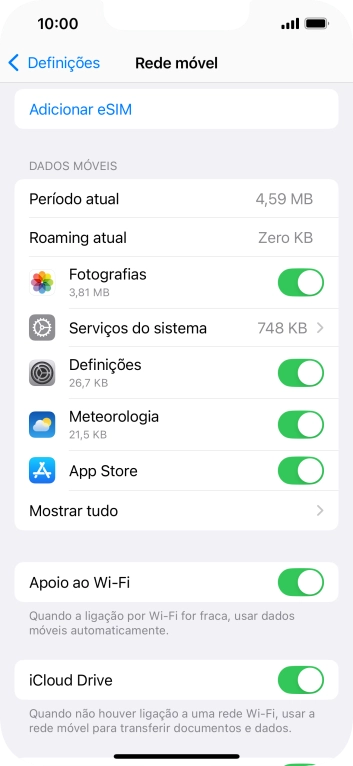 O consumo total de dados é mostrado junto a Período atual.
