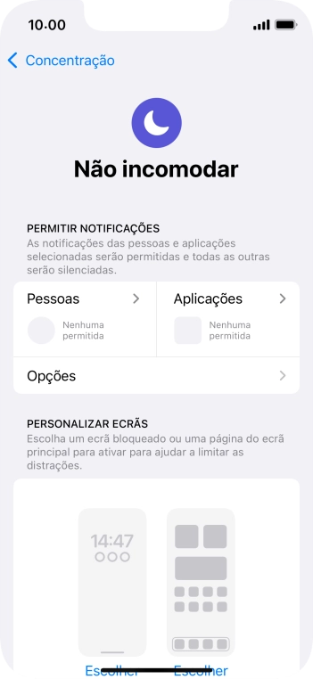 Prima Pessoas e siga as indicações no ecrã para escolher quais os contactos de que pretende receber chamadas e notificações, enquanto a função “Não incomodar” está ativada.