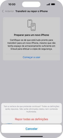 Prima Repor todas as definições. Aguarde um momento enquanto o telefone restabelece as definições originais. Siga as indicações no ecrã para configurar o telefone de modo que este fique pronto a ser utilizado.