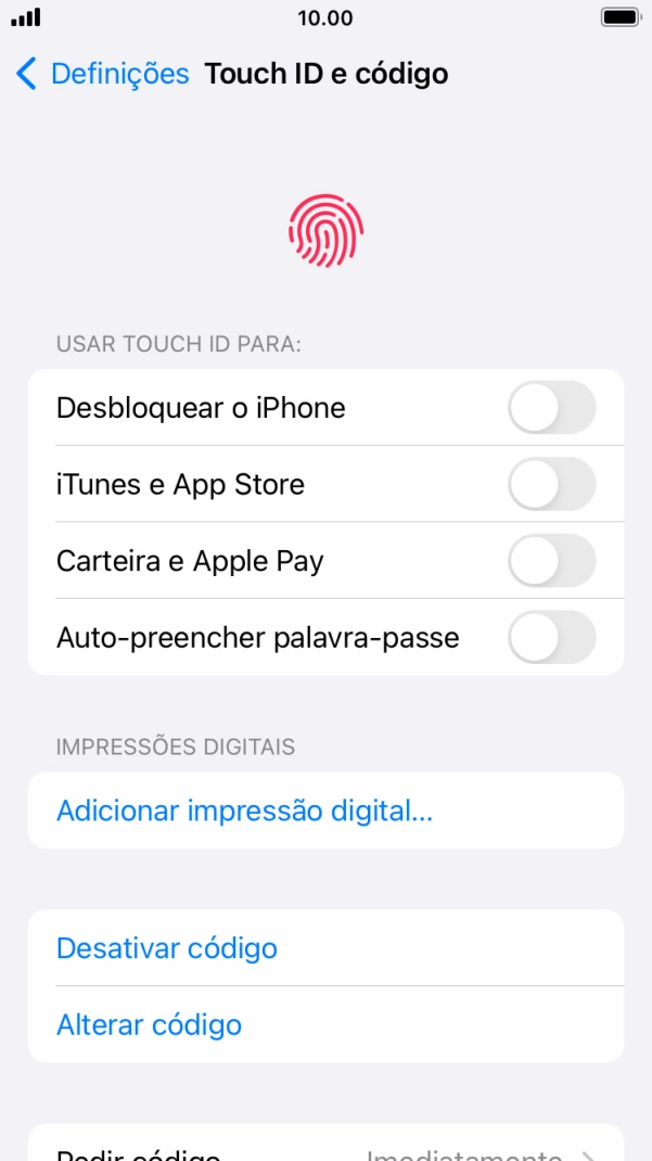 Prima Desativar código, e introduza o código de bloqueio.