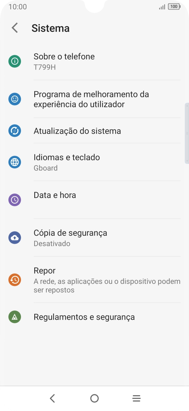 Prima Atualização do sistema. Se existir uma nova versão de software disponível, será agora indicado no ecrã. Siga as indicações no ecrã para atualizar o software do telefone.