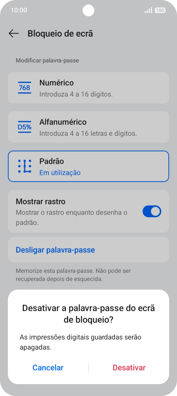 Prima Desativar e introduza o código adicional de bloqueio do telefone que criou anteriormente.