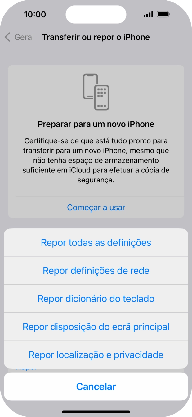 Prima Repor todas as definições.