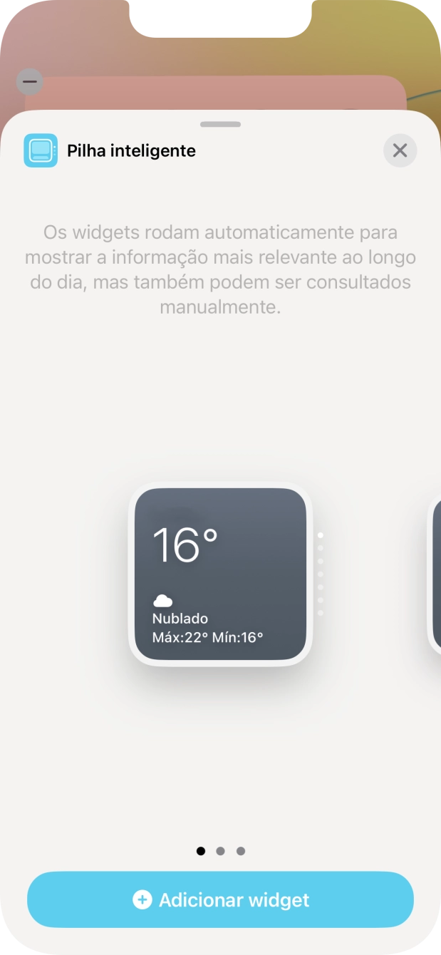 Para escolher a dimensão pretendida para o widget, deslize o dedo para a direita ou para a esquerda sobre o ecrã.