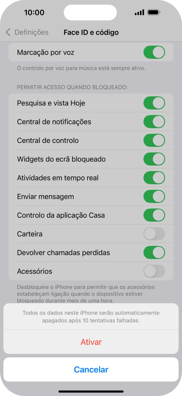 Se ativar a função, prima Ativar.