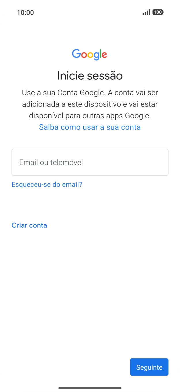Se não tiver uma conta Google, prima Criar conta e siga as indicações no ecrã para criar uma conta.