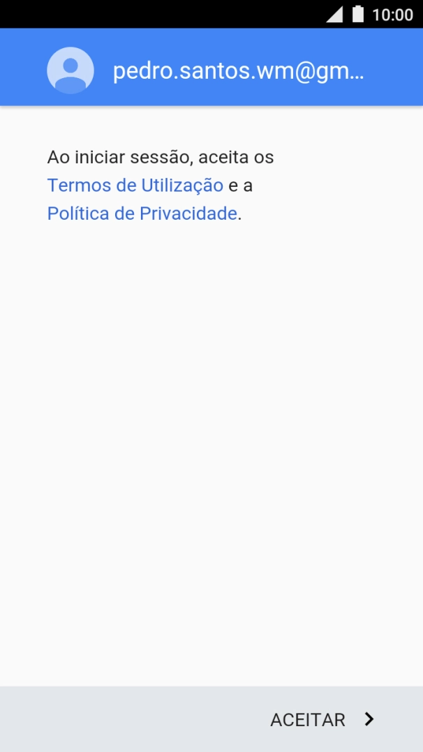 Prima ACEITAR e siga as indicações no ecrã para escolher as definições da conta Google.