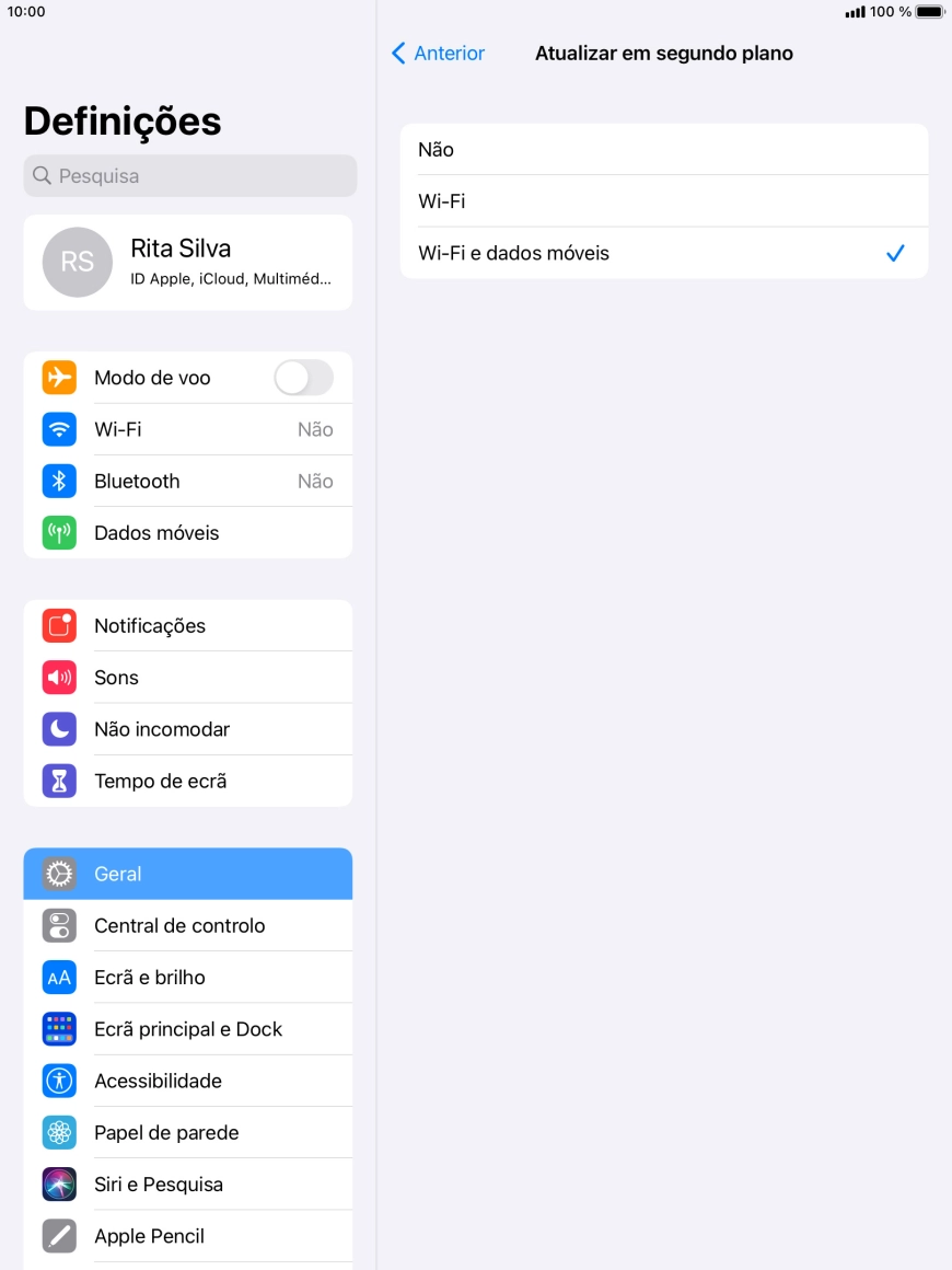 Para desativar a atualização de apps em segundo plano, prima Não.