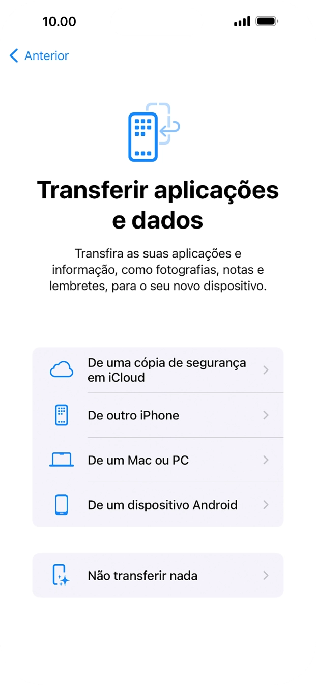 É possível transferir conteúdo de um telefone Android quando o telefone for ativado antes da primeira utilização e quando o telefone tiver sido reiniciado. Quando esta imagem for mostrada no ecrã, o telefone está pronto para transferir conteúdo de um telefone Android.