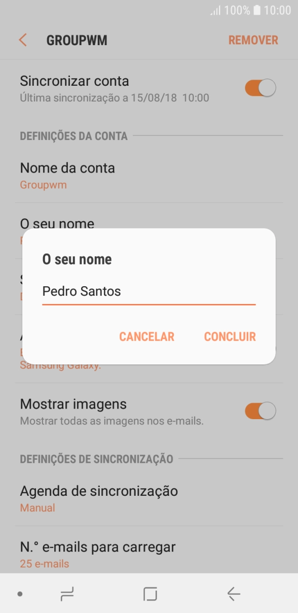 Introduza o nome de remetente e prima CONCLUIR.