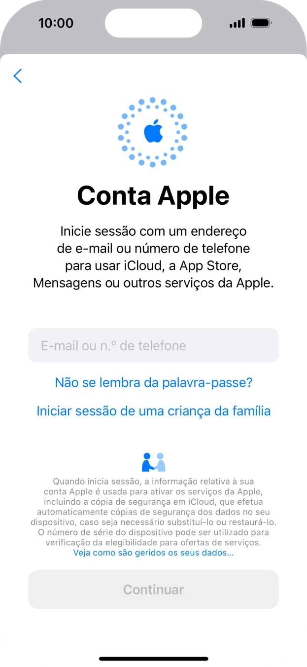 Prima E-mail ou n.º de telefone e introduza o nome de utilizador do seu ID Apple.