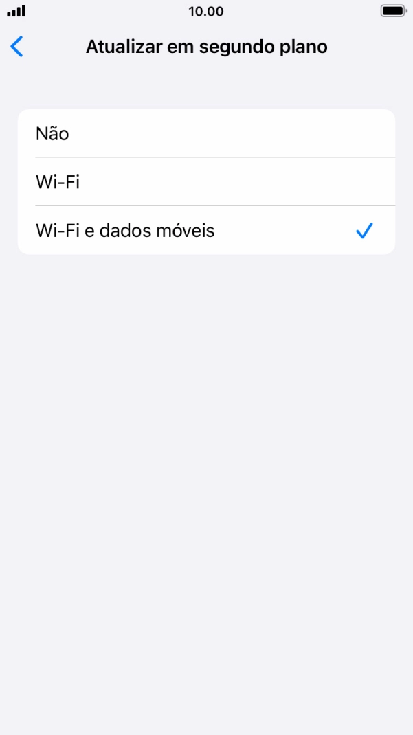 Para desativar a atualização de apps em segundo plano, prima Não.