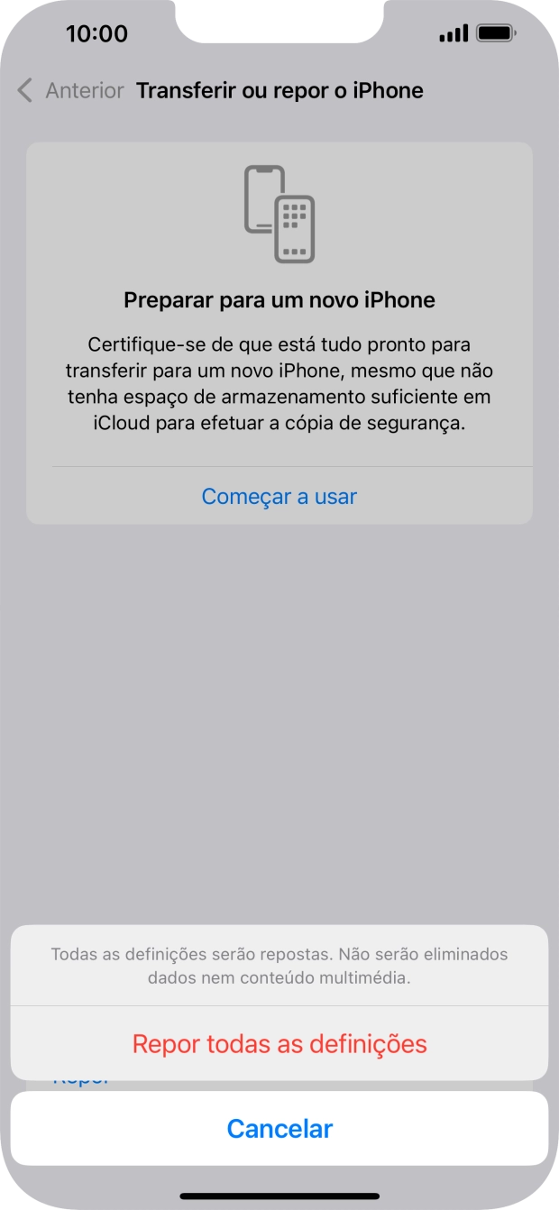 Prima Repor todas as definições.