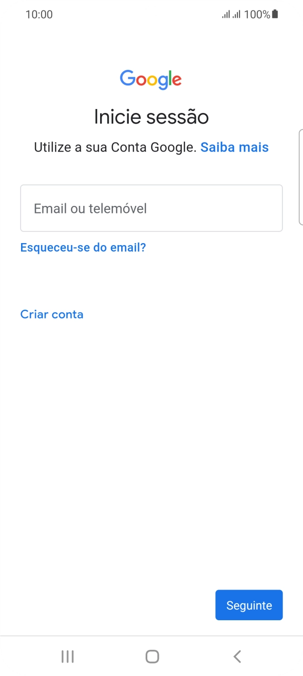 Se não tiver uma conta Google, prima Criar conta e siga as indicações no ecrã para criar uma conta.