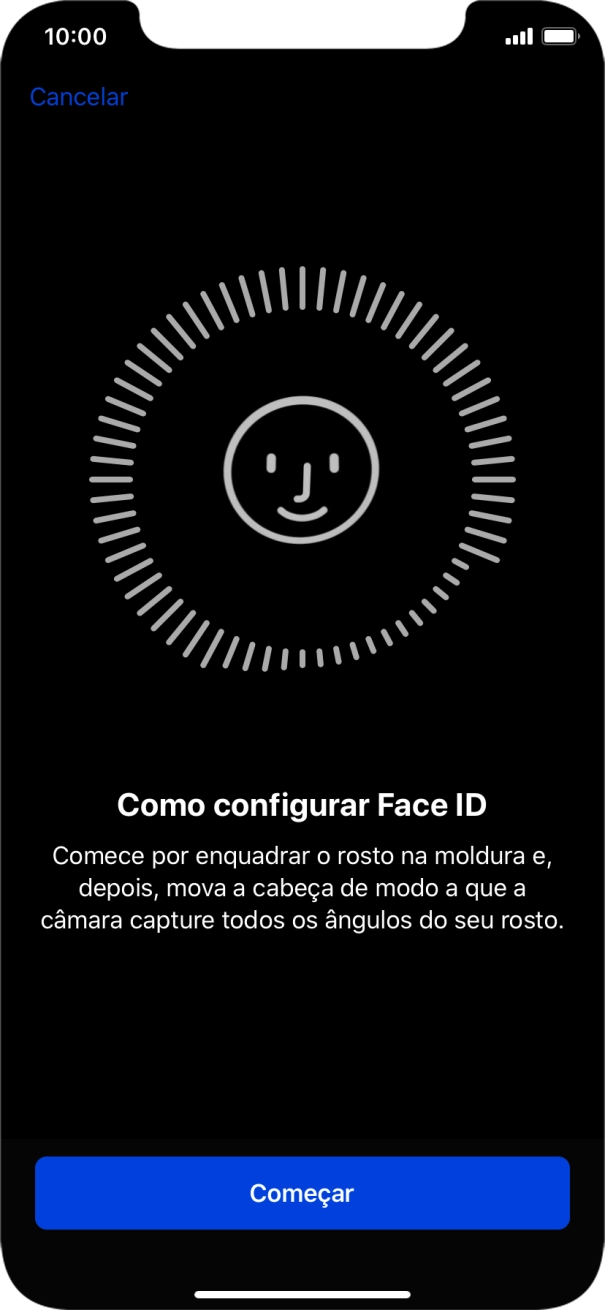 Prima Começar e siga as indicações no ecrã para estabelecer um código de reconhecimento facial (Face ID).