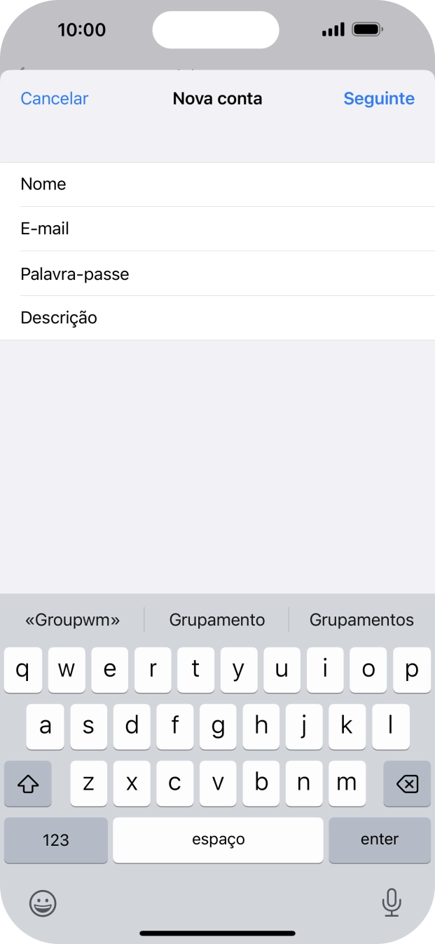 Prima Descrição e introduza o nome pretendido da conta de e-mail.