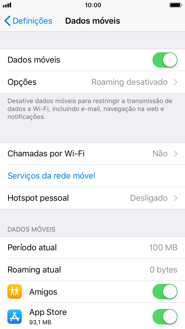 O consumo total de dados é mostrado junto a Período atual.