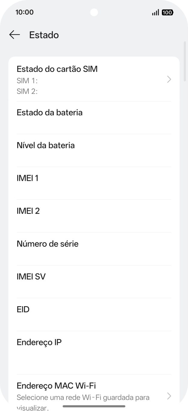 O código IMEI é mostrado no ecrã.