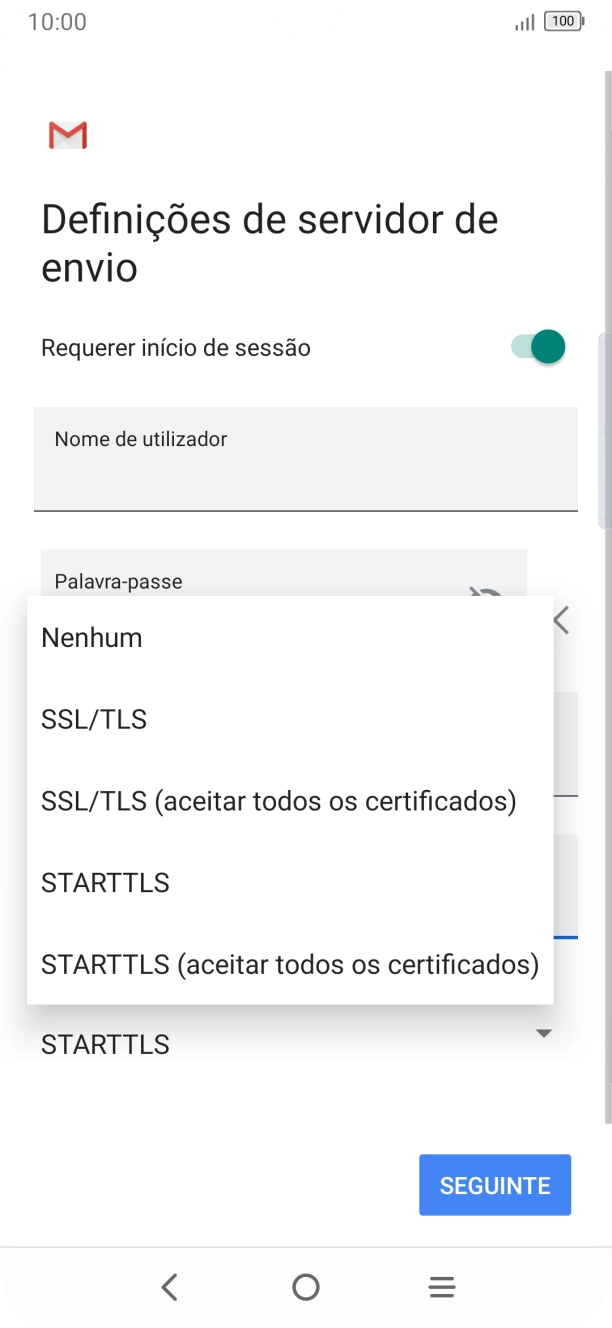 Prima STARTTLS para ativar a função.