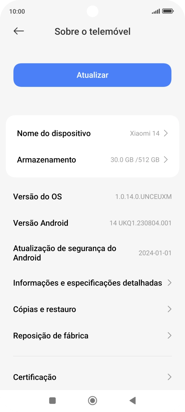Prima Versão do OS. Se existir uma nova versão de software disponível, será agora indicado no ecrã. Siga as indicações no ecrã para atualizar o software do telefone.