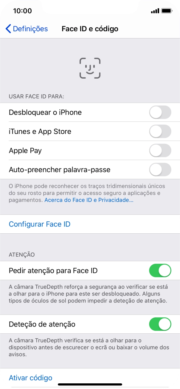 Prima Ativar código e introduza um código de bloqueio do telefone à escolha duas vezes de seguida.