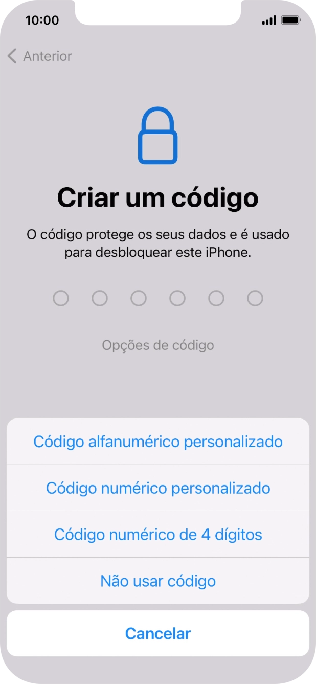 Siga as indicações no ecrã para ativar a utilização do código de bloqueio do telefone ou prima Não usar código.
