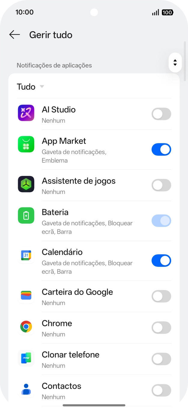 Prima o indicador junto às apps pretendidas para ativar ou desativar a função.