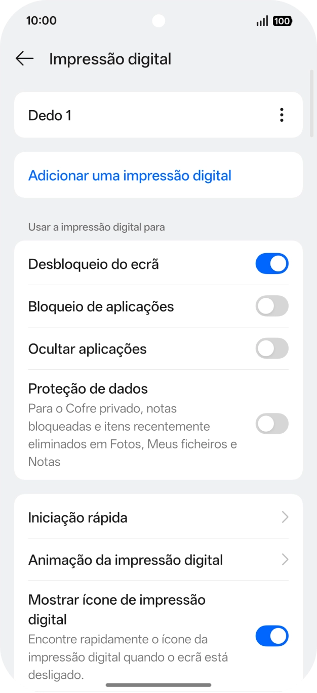 Prima os indicadores para ativar ou desativar as definições pretendidas.