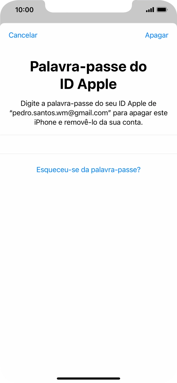 Introduza a password do ID Apple e prima Apagar. Aguarde um momento enquanto o telefone restabelece as definições originais. Siga as indicações no ecrã para configurar o telefone de modo que este fique pronto a ser utilizado.