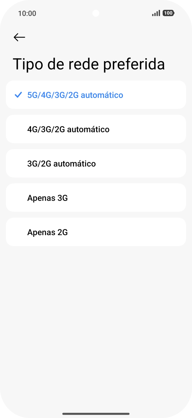 Prima o tipo de rede pretendido.