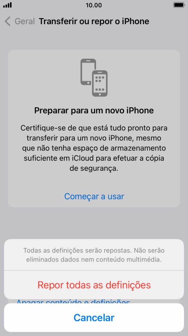 Prima Repor todas as definições.