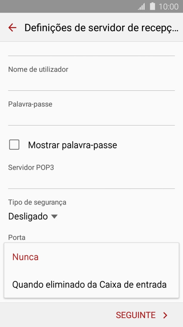 Prima Nunca para manter os e-mails no servidor quando estes são apagados no telefone.