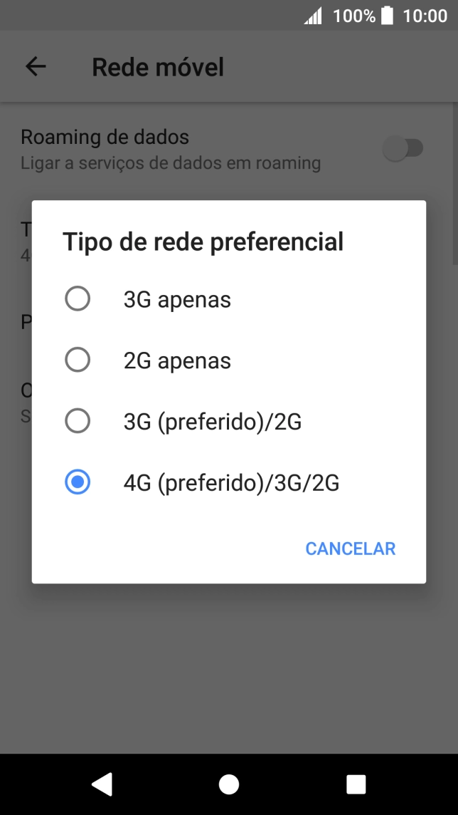 Prima o tipo de rede pretendido.