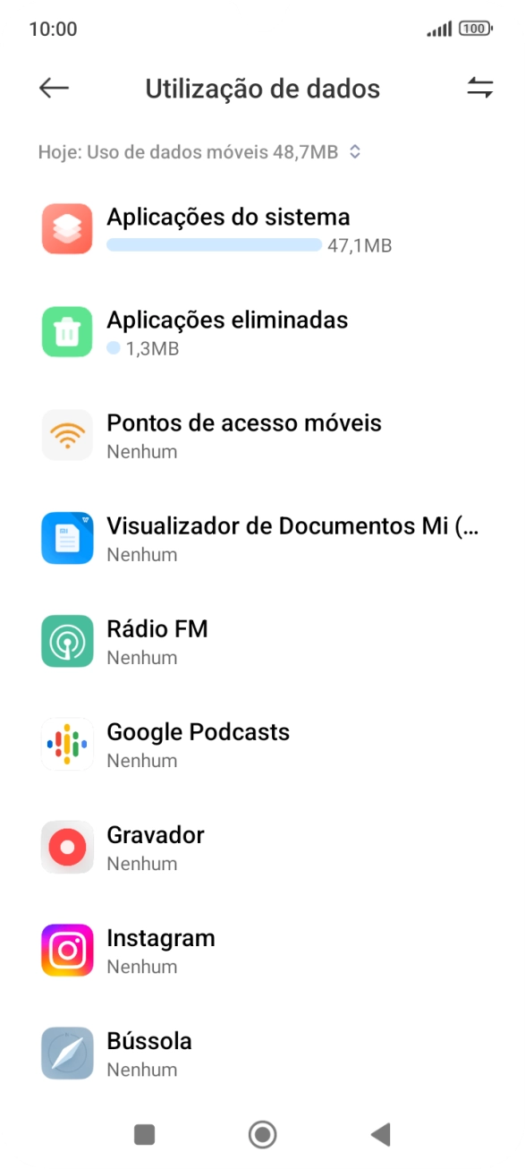 O consumo de dados de cada aplicação é mostrado sob o nome da aplicação.