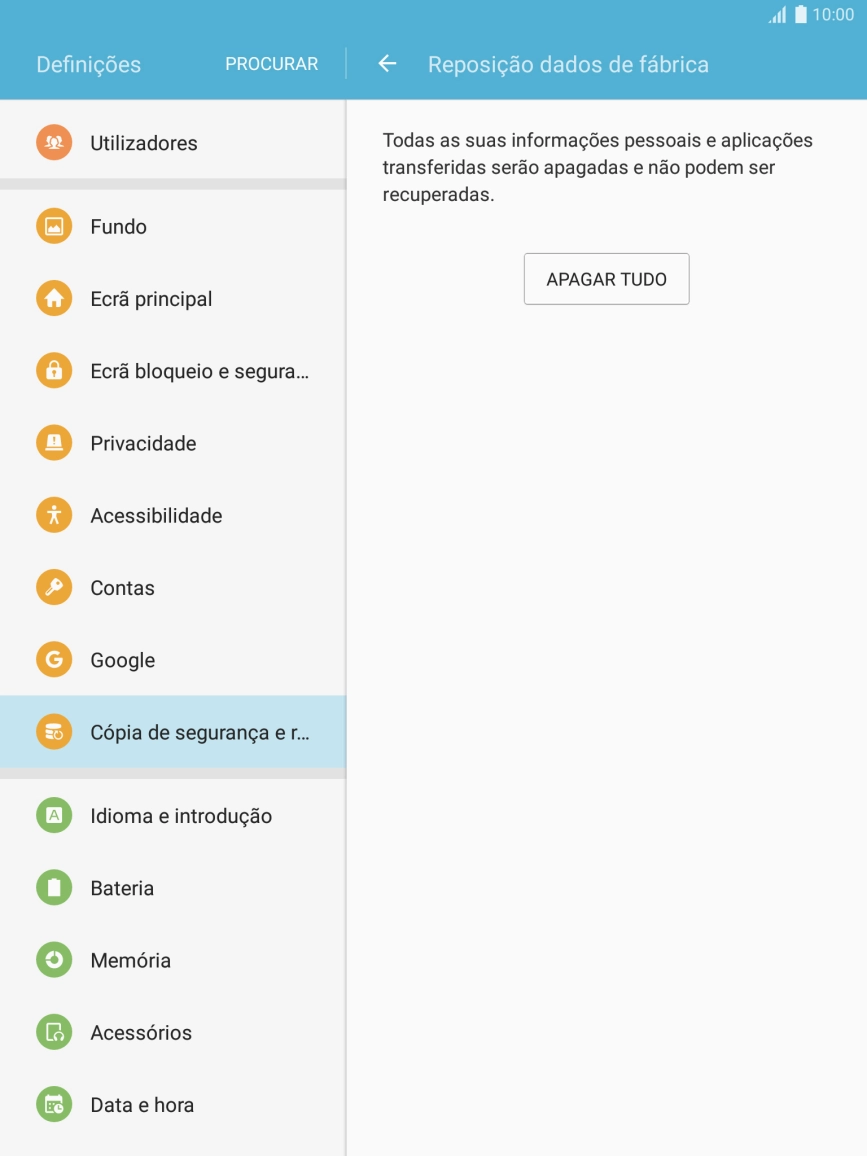 Prima APAGAR TUDO. Aguarde um momento enquanto o tablet restabelece as definições originais. Siga as indicações no ecrã para configurar o tablet de modo que este fique pronto a ser utilizado.