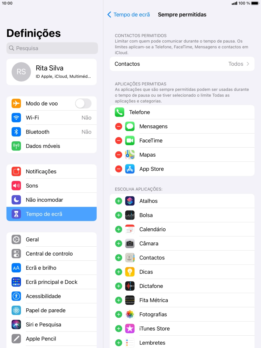 Prima o ícone para remover junto da app pretendida para a remover da lista de apps permitidas durante o Tempo de pausa.