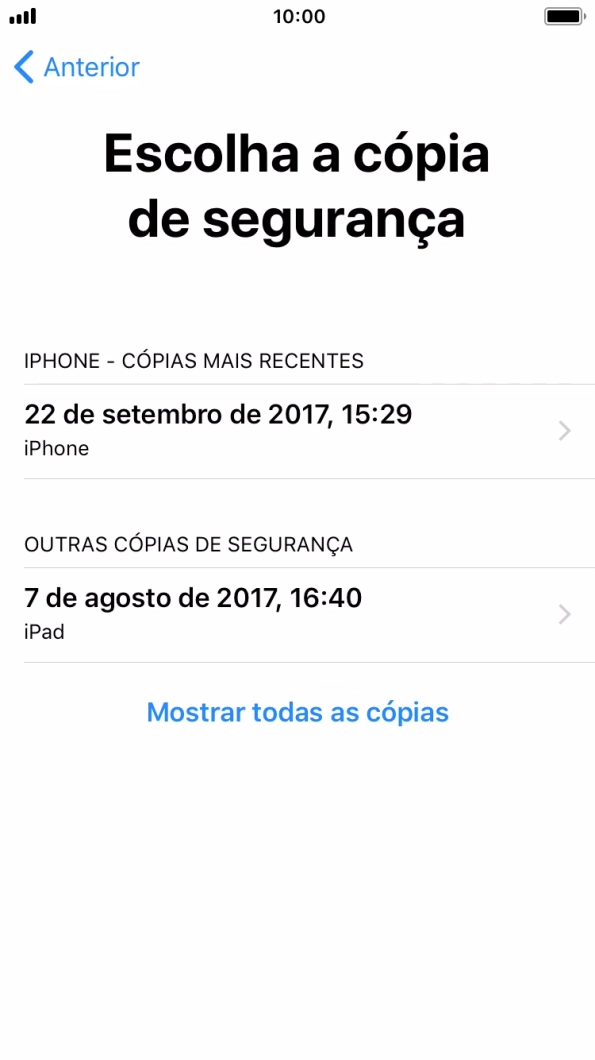 Prima a cópia de segurança pretendida e aguarde enquanto o telefone restaura o conteúdo a partir da cópia de segurança escolhida. Siga as indicações posteriores no ecrã para configurar o telefone de modo que este fique pronto a ser utilizado.