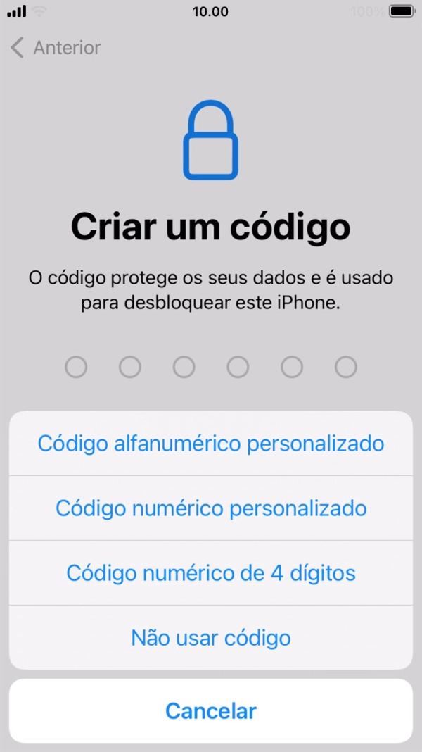Siga as indicações no ecrã para ativar a utilização do código de bloqueio do telefone ou prima Não usar código.