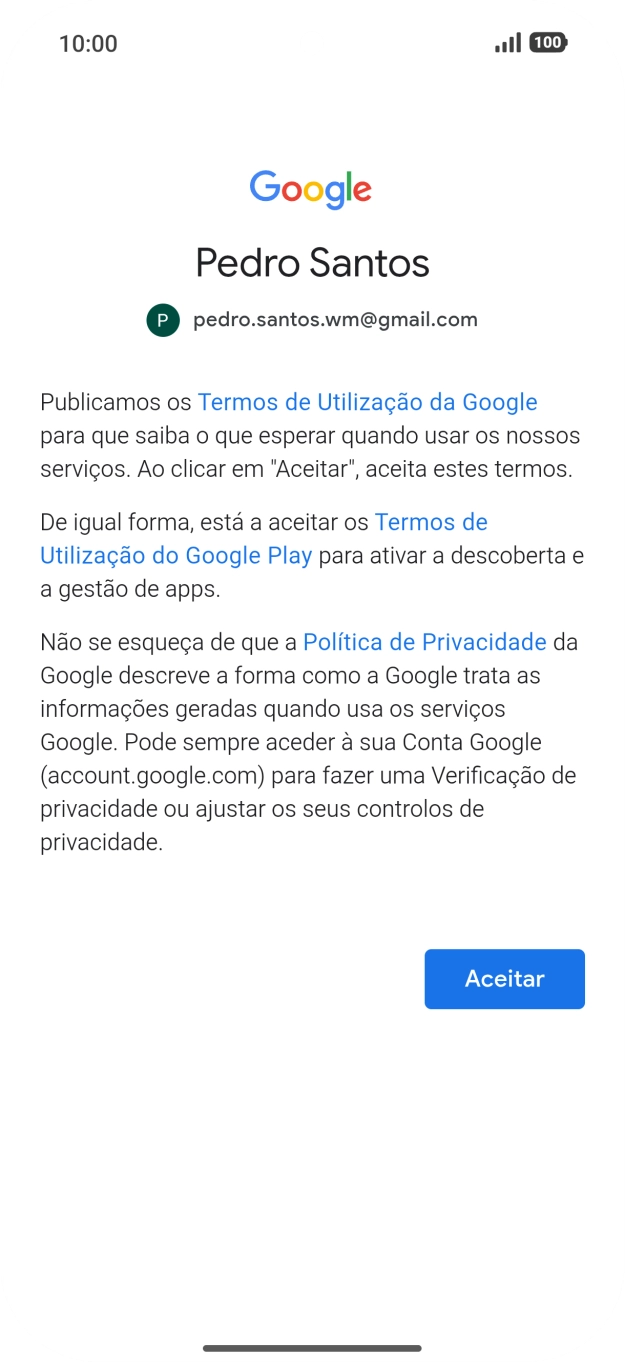 Prima Aceitar e siga as indicações no ecrã para escolher as definições da conta Google.