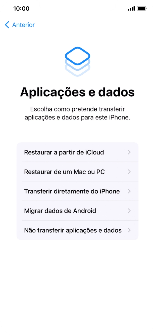 É possível restaurar conteúdo a partir de uma cópia de segurança em iCloud, quando o telefone for ativado antes da primeira utilização e quando o telefone tiver sido reiniciado. Quando esta imagem for mostrada no ecrã, o telefone está pronto para restaurar conteúdo a partir de uma cópia de segurança em iCloud.