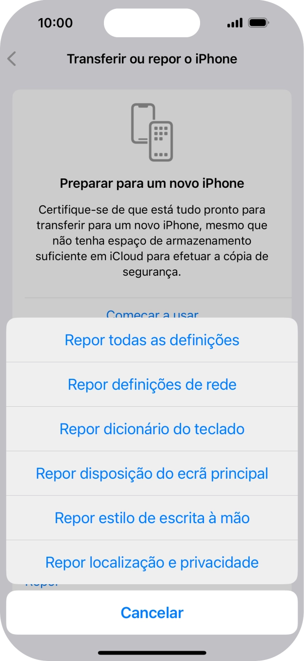 Prima Repor definições de rede.